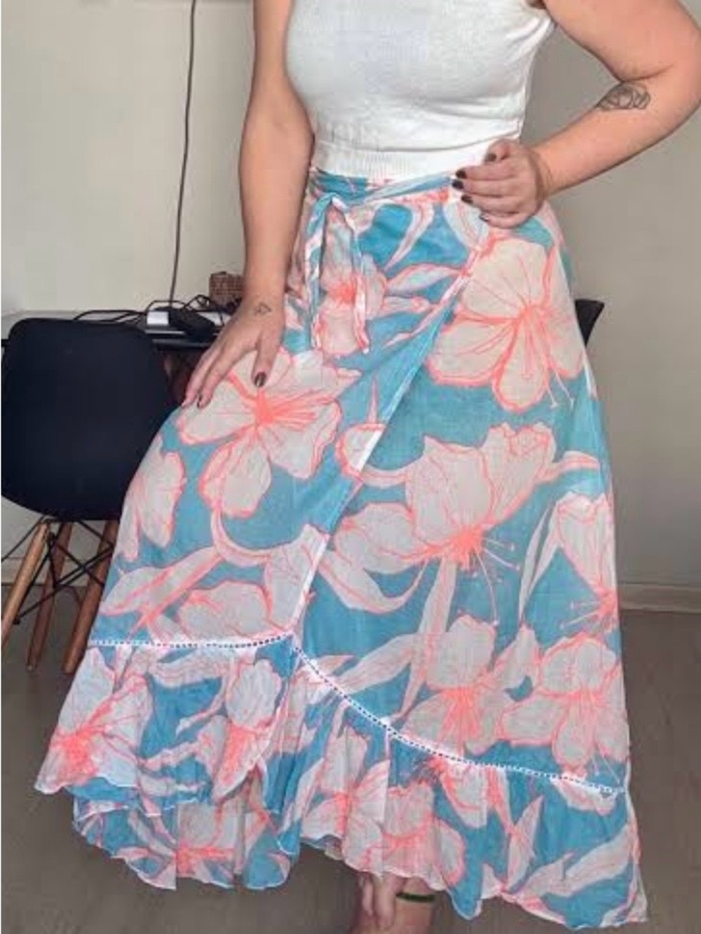 FARM Rio Blue Maxi Skirt with Coral Floral Print, S-M
